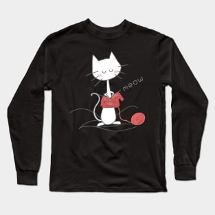 White Knitting Cat - Asphalt Long Sleeve T-Shirt